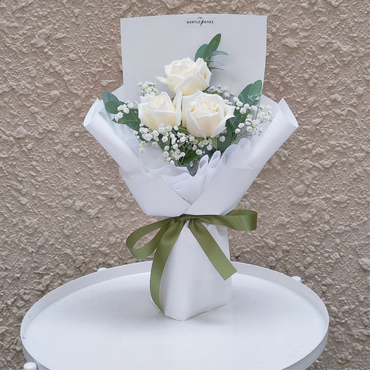 Three White Roses with Gypsophila and Eucalyptus Small Bouquet