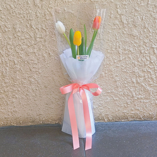 Three Assorted Colorful White, Yellow and Orange Tulips Minimal Bouquet