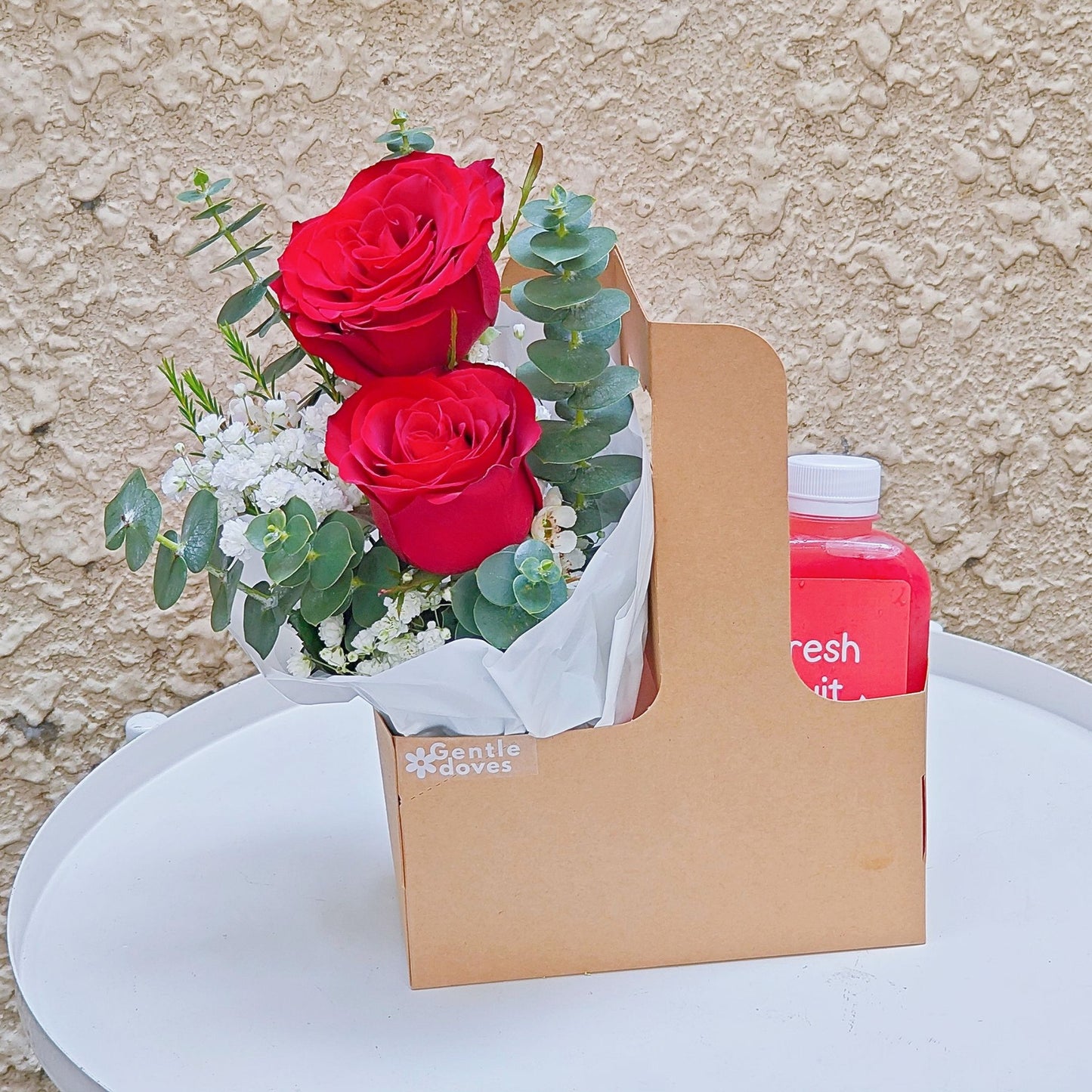 Red Roses with Filler Flowers and Juice in Carrying Small Box Arrangement