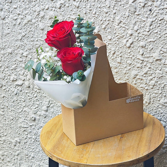 Red Roses with Filler Flowers in Carrying Small Box Arrangement