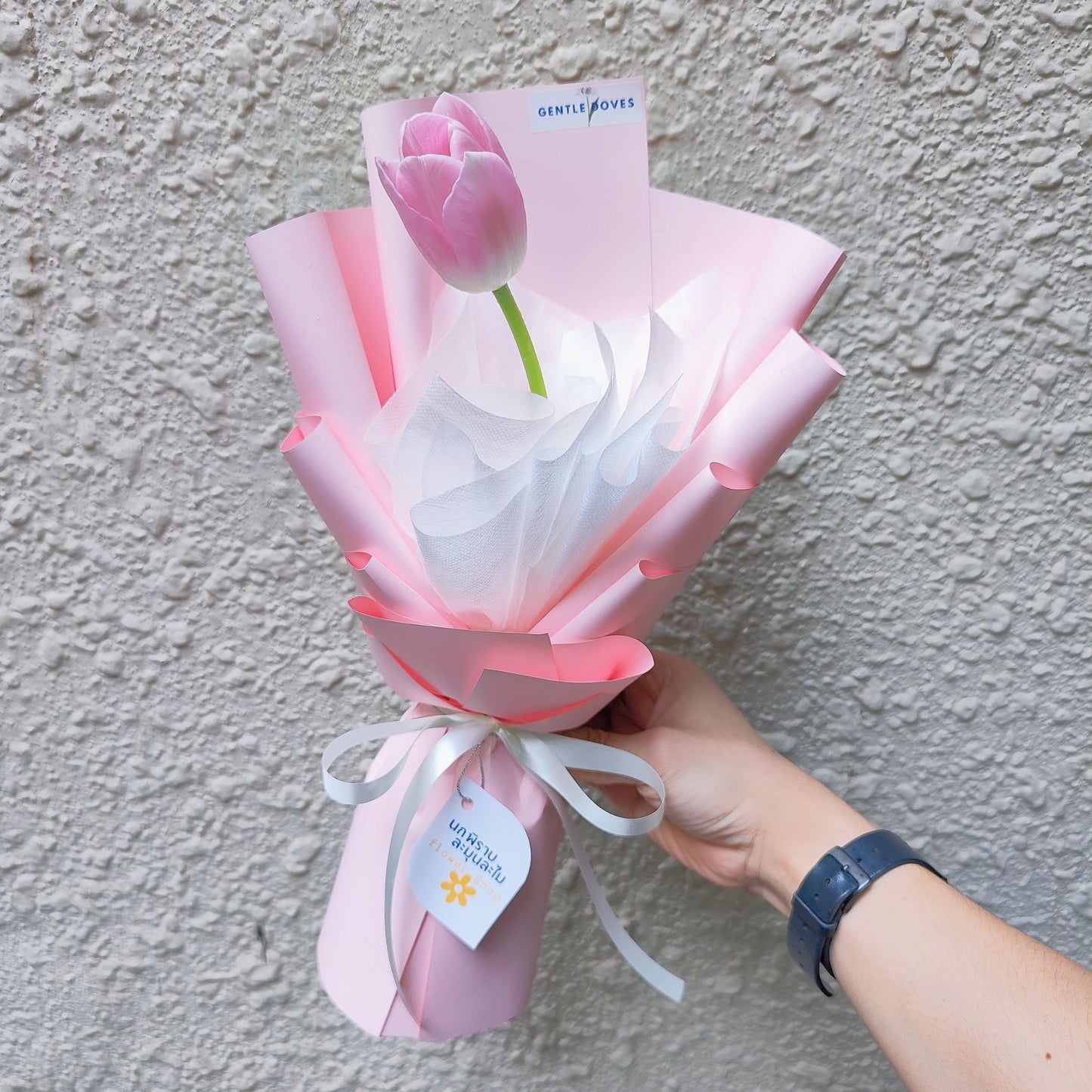 Single Soft Pink Tulip in Layers Wrapping Bouquet