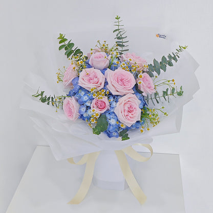 Blue Hydrangeas with Soft Pink English Roses Bouquet