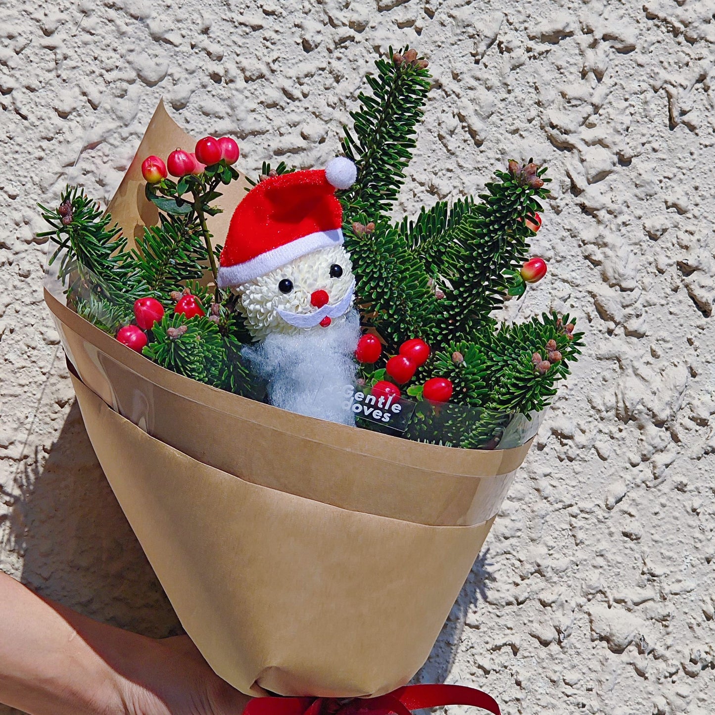 Fresier Firs and Red Berries with Little Santa Small Bouquet