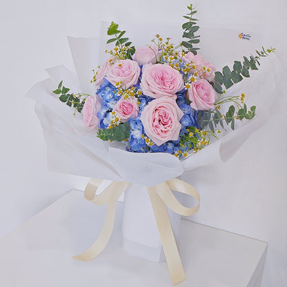 Blue Hydrangeas with Soft Pink English Roses Bouquet