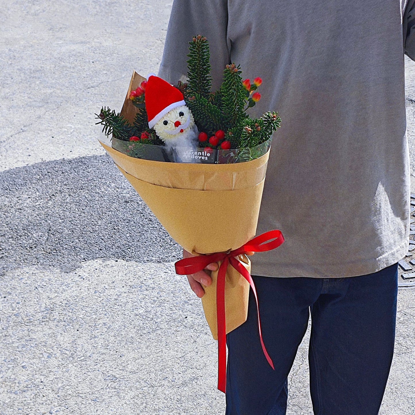 Fresier Firs and Red Berries with Little Santa Small Bouquet