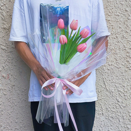 Five Pink Tulips in Transparent Paper Wrapping Bouquet