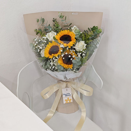 Three Sunflowers with Five White Roses and Foliage Bouquet