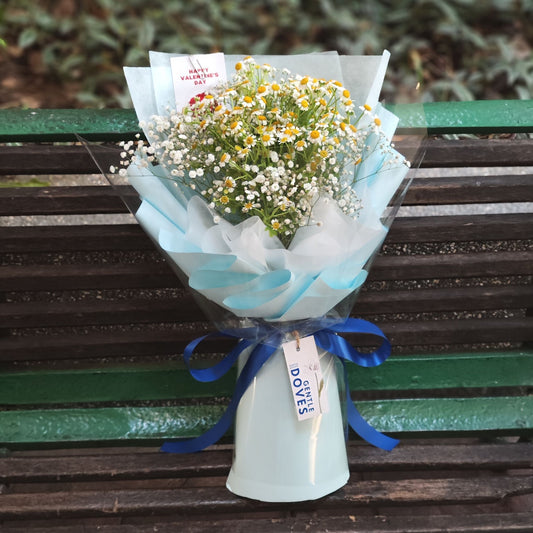 Daisies and Gypsophila in Soft Blue Paper Bouquet