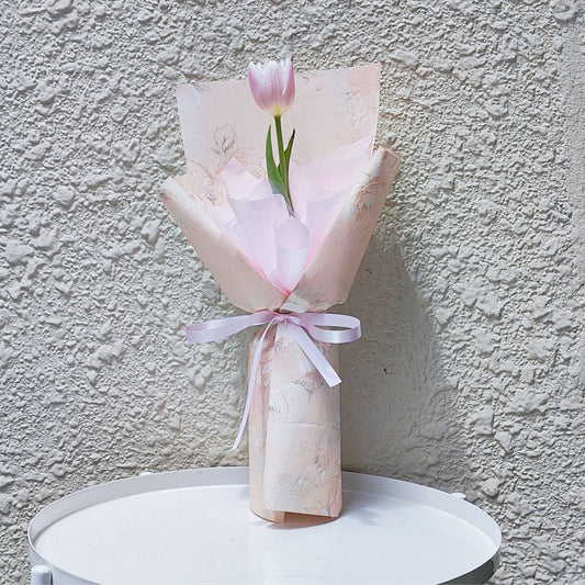 Single Soft Pink Tulip in Floral Pattern Paper Bouquet