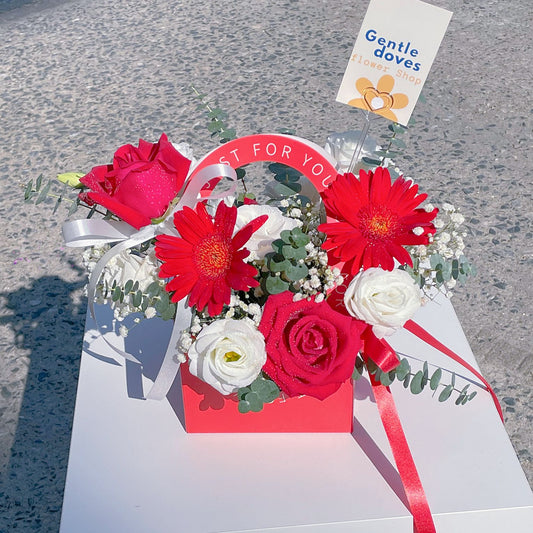 Assorted Red and White Flowers in Carrying Mini Box Arrangement