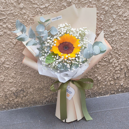 Single Sunflower with Gypsophila and Eucalyptus in Beige Paper Bouquet