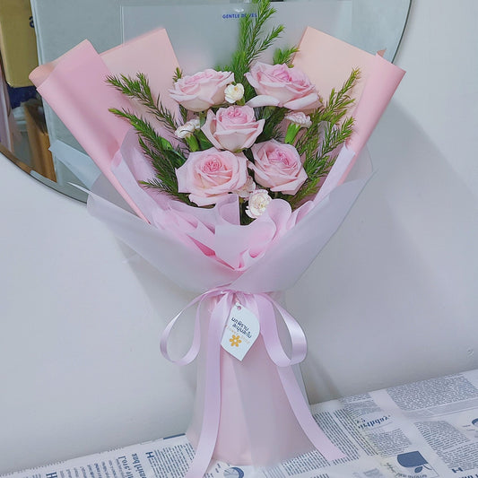 Five Soft Pink English Roses with Sprayed Carnations and Foliage Bouquet