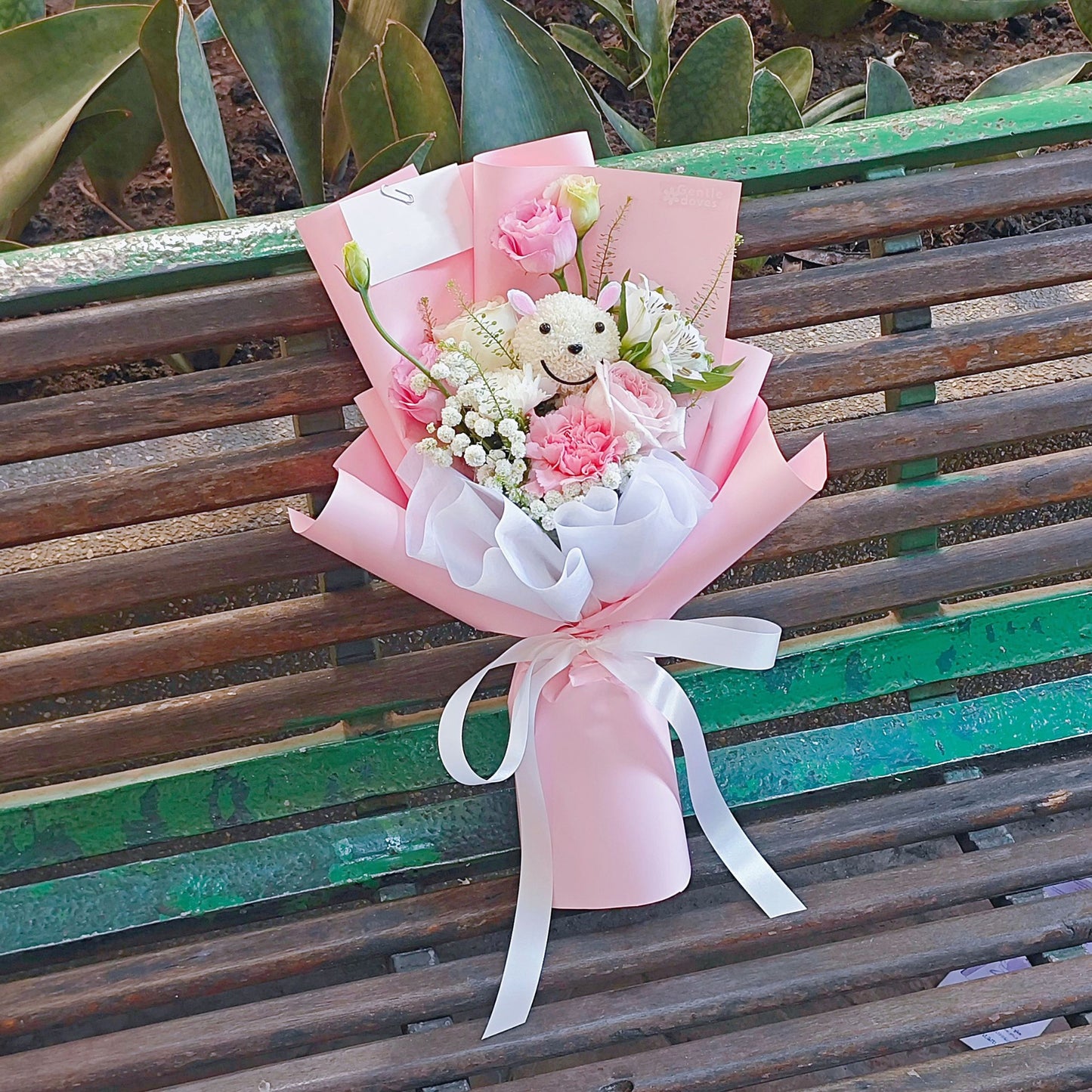 Little Bunny with Assorted White and Pink Flowers Small Bouquet