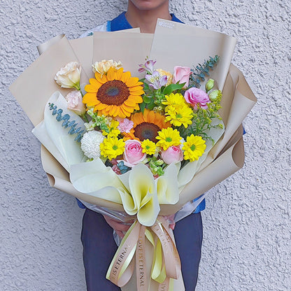 Two Sunflowers with Assorted Pink and Yellow Flowers Large Bouquet