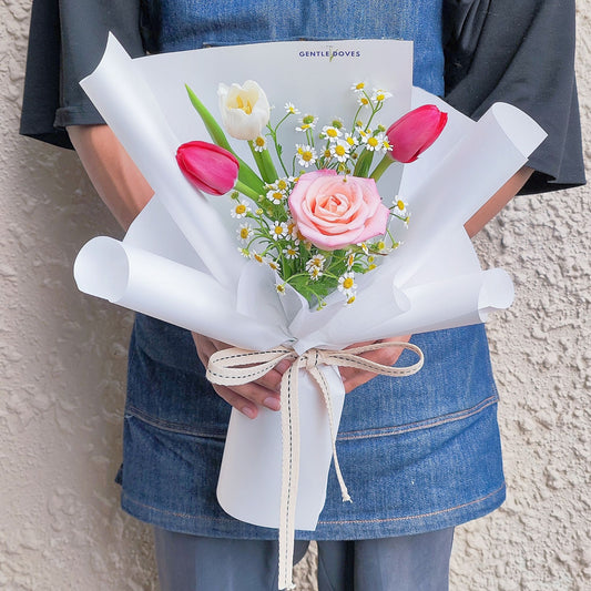 Assorted Three Tulips with Daisies and Single Rose Bouquet