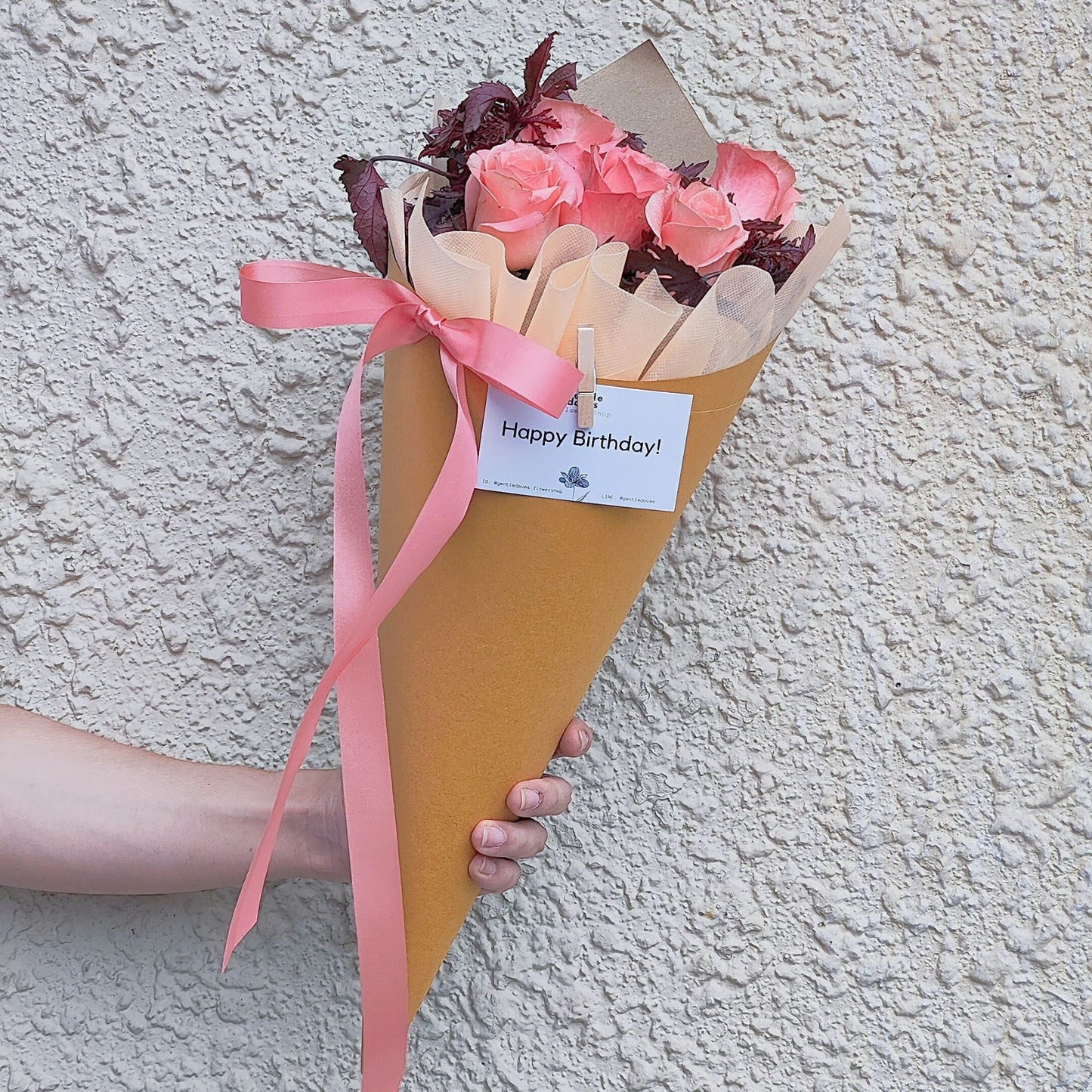 Five Oldrose Roses with Foliage in Cone Bouquet