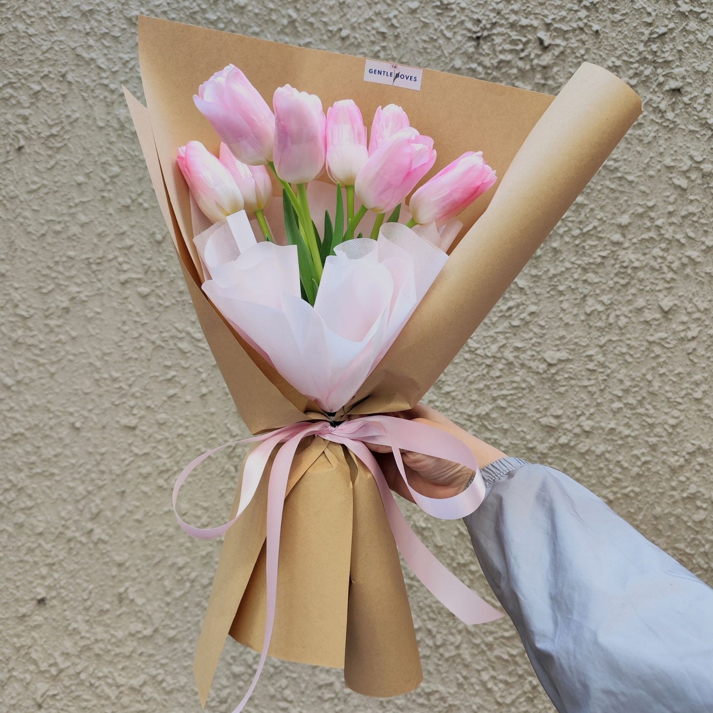 Nine Soft Pink Tulips Bouquet in Craft Paper Bouquet