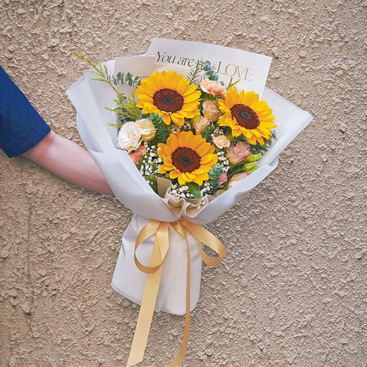 Three Sunflowers with Assorted Soft Yellow & Orange Flowers with 'You are my Love' Large Bouquet