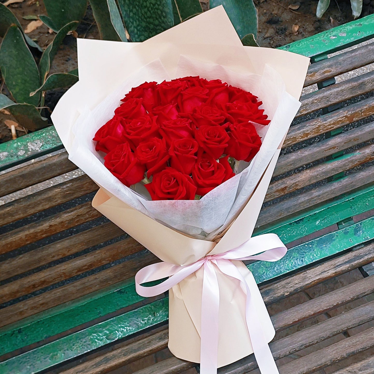 Twenty Red Roses in Creamy Paper Bouquet