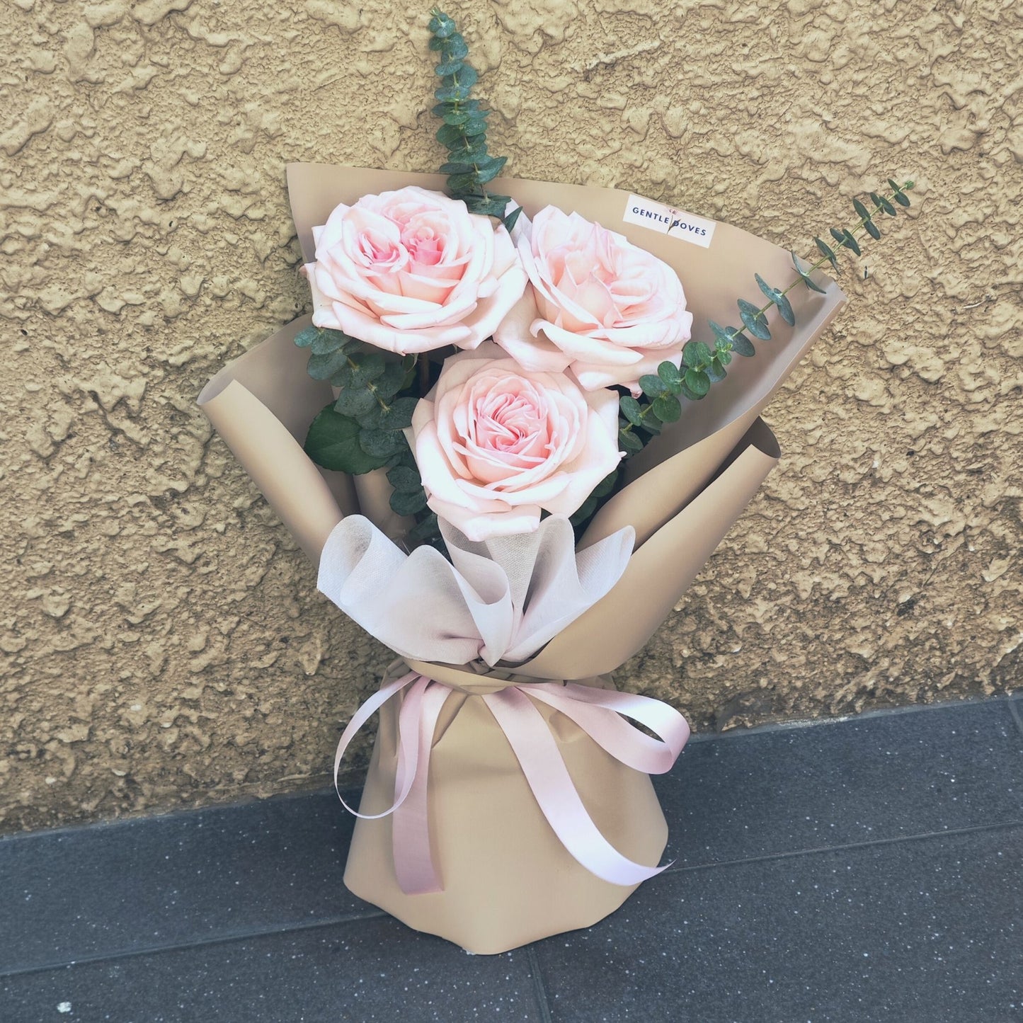 Three Soft Pink English Roses with Eucalyptus Bouquet