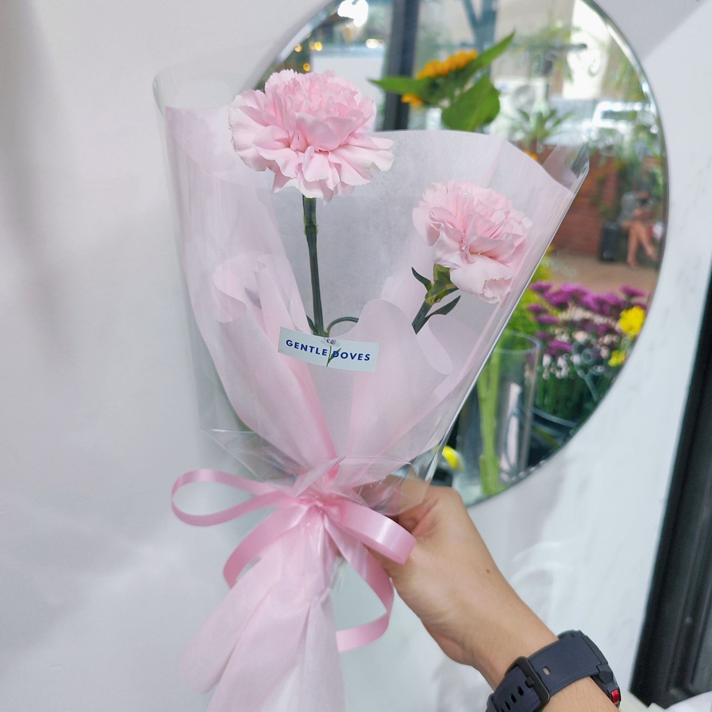 Two Soft Pink Carnations Mini Bouquet