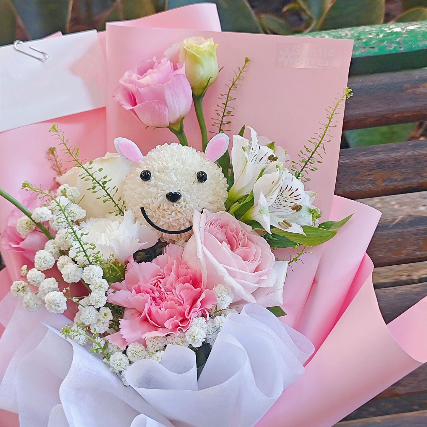 Little Bunny with Assorted White and Pink Flowers Small Bouquet