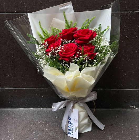 Six Red Roses with Green Foliage Bouquet