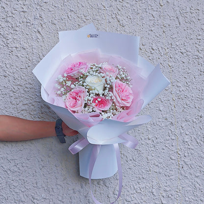 Six Soft Pink and White Roses with Gypsophila Bouquet