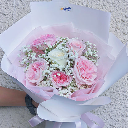 Six Soft Pink and White Roses with Gypsophila Bouquet