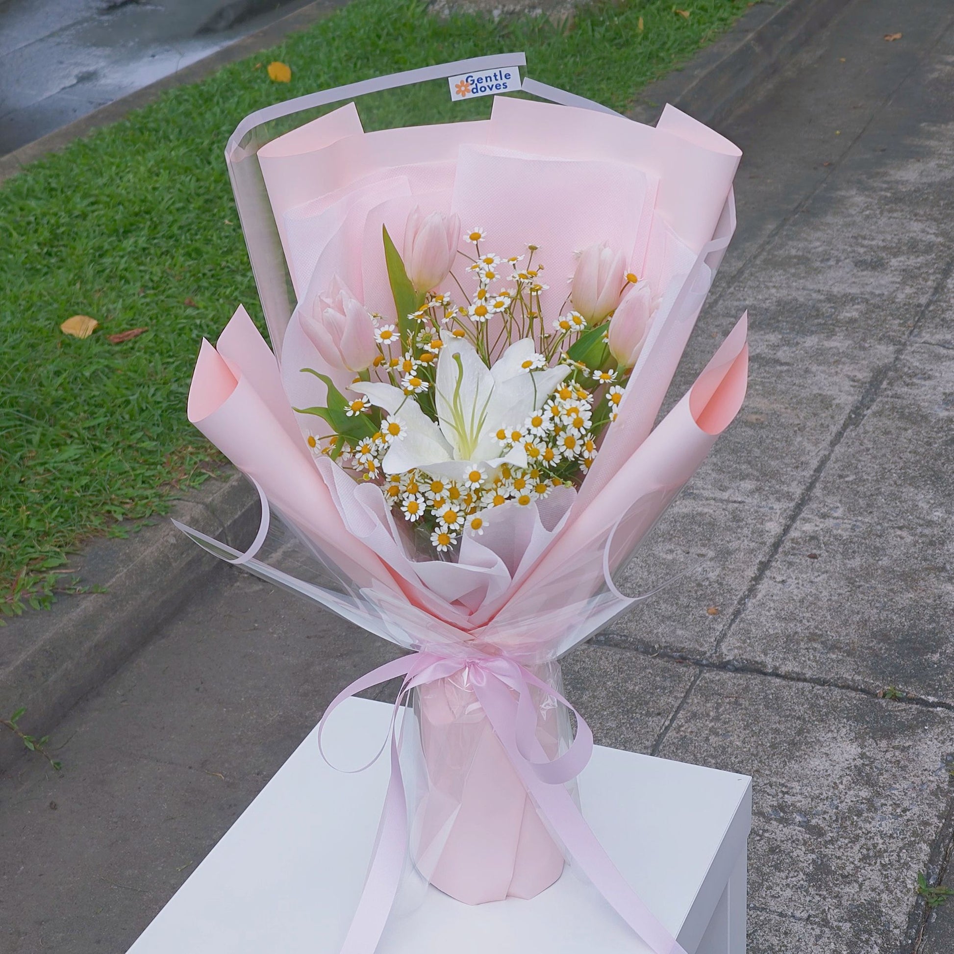 lily and tulip flower bouquet Four Pink Tulips with Lily and Daisies Bouquet – Gentle Doves Flower Shop