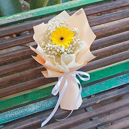 Single Yellow Gerbera with Gypsophila in Mini Bouquet