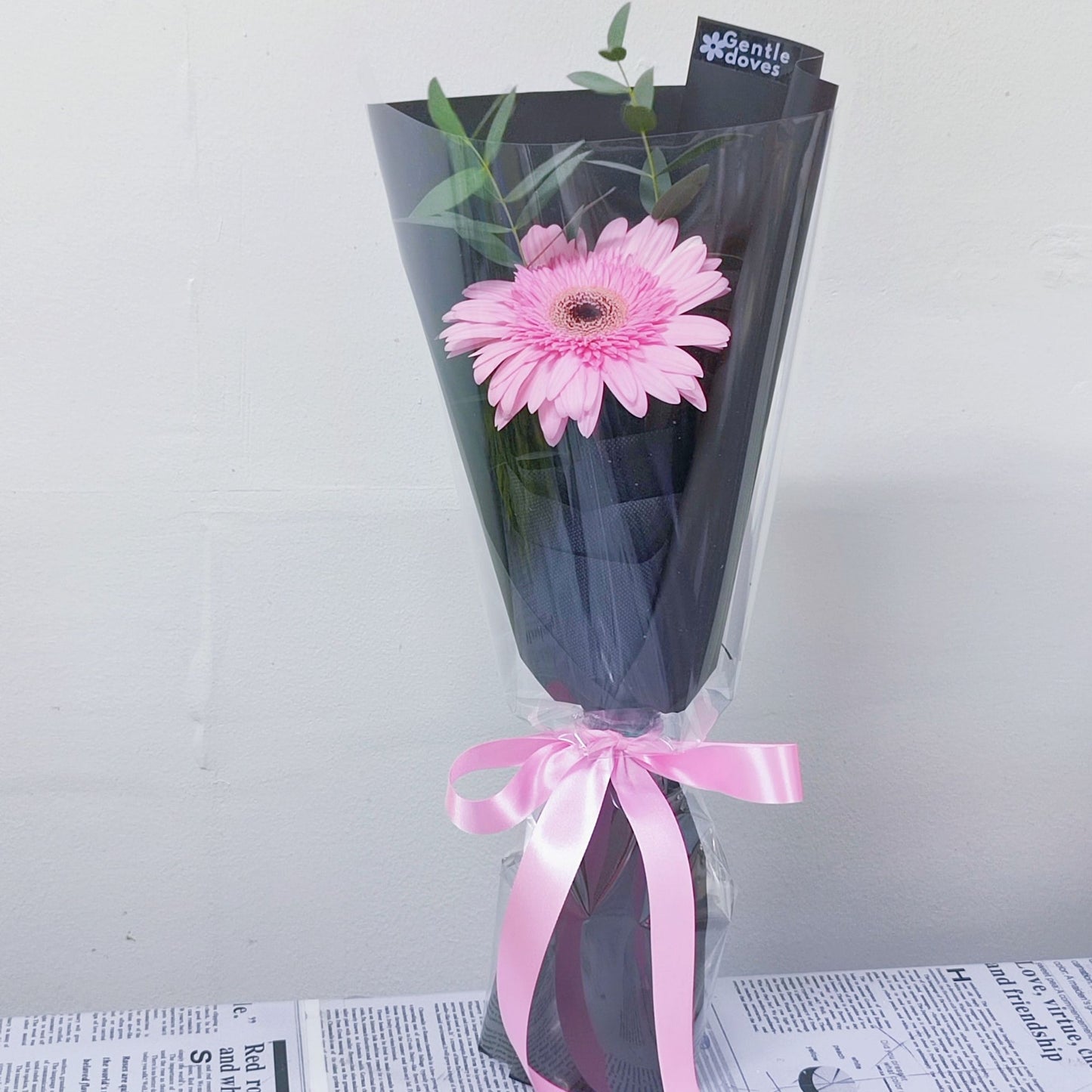 Single Pink Gerbera in Black Paper Bouquet