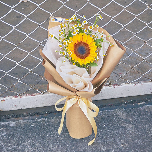 Single Small Sunflower with Daisies in Craft Paper Minimal Bouquet