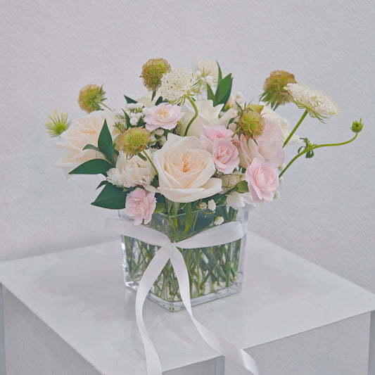 Assorted Soft Pink and White Flowers in Cube Glass Vase Arrangement