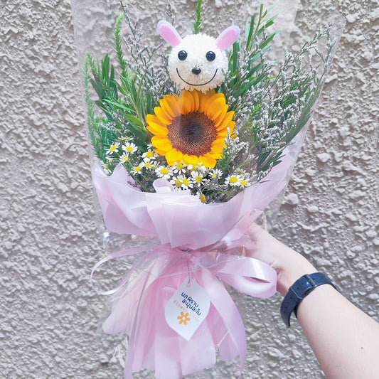 Single Sunflower with Daisies and Little Bunny Bouquet