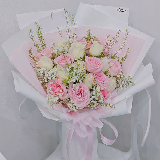 Nineteen White and Soft Pink English Roses with Soft Color Filler Flowers Bouquet