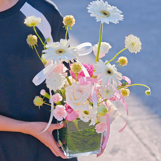 Assorted White and Pink Flowers in Cube Glass Vase with Floral Foam
