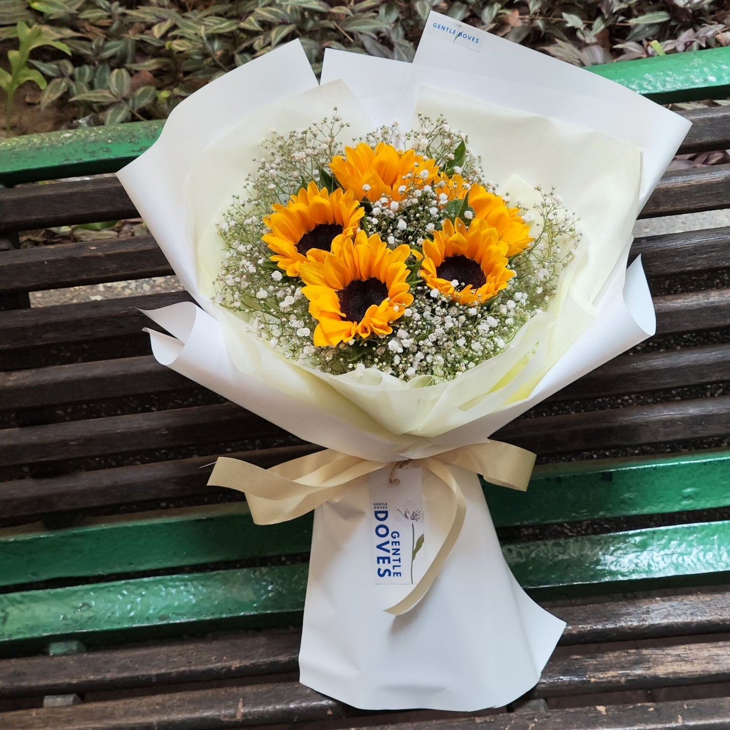 Five Small Sunflowers with Gypsophila Bouquet