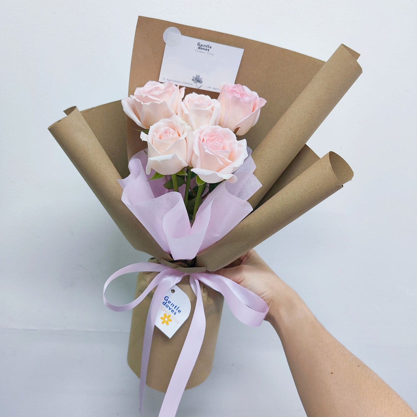 Five Soft Pink Roses in Craft Paper Bouquet