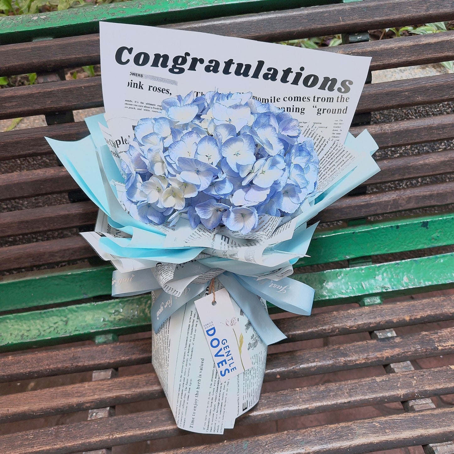 ช่อดอกไฮเดรนเยีย สีฟ้า 1 ดอก มีข้อความ 'Congratulations'