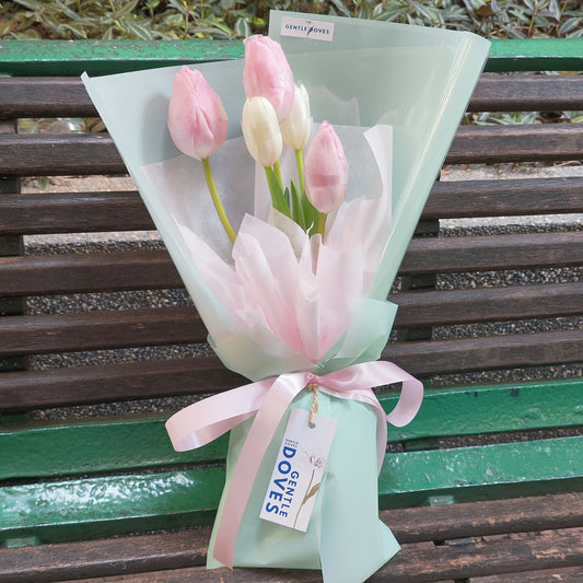 Five Soft Pink and White Tulips in Pastel Green and Pink Paper Bouquet