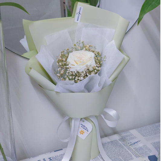 Single White English Rose and Gypsophila in Soft Green Paper Bouquet