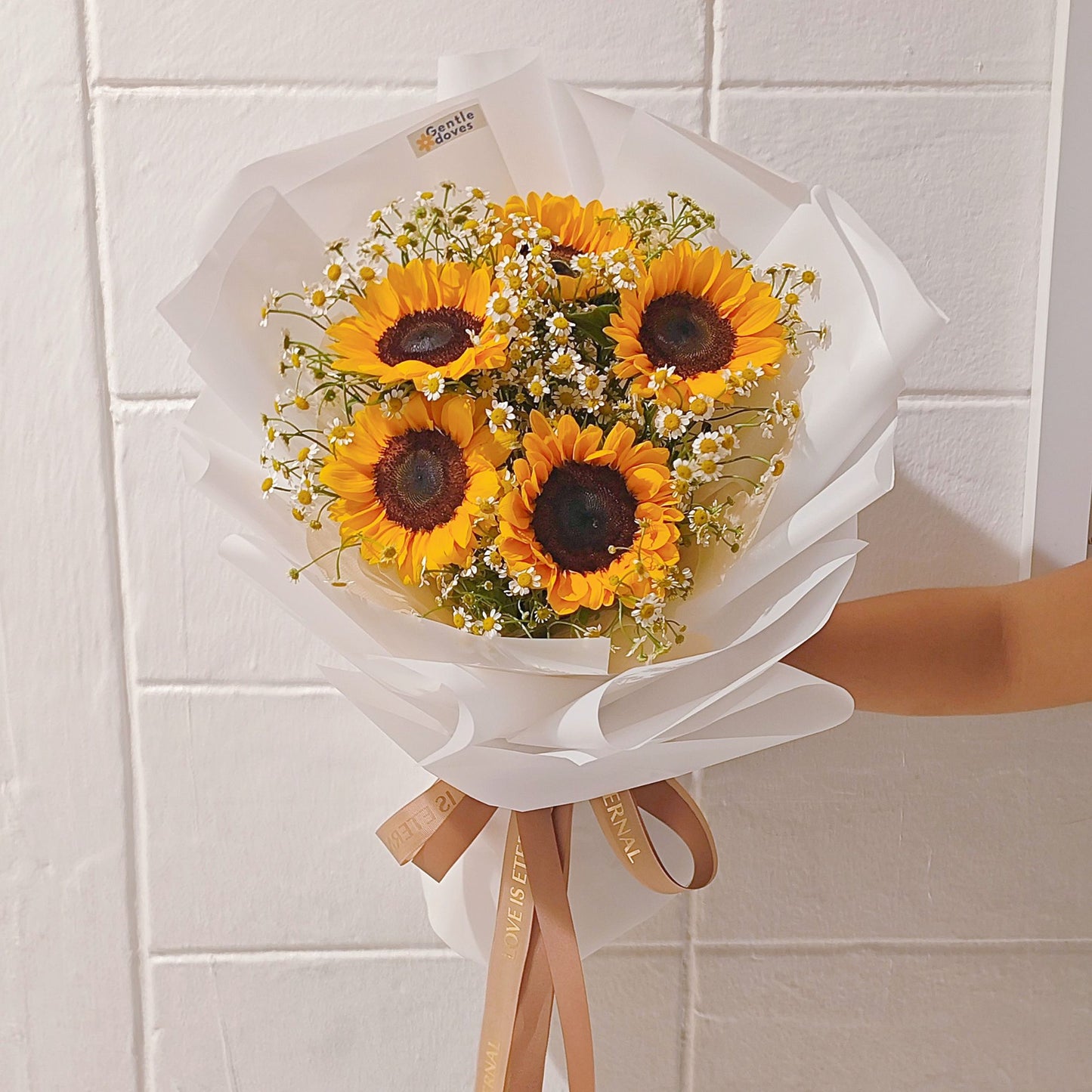 Five Sunflowers with Daisies in White Paper Minimal Bouquet