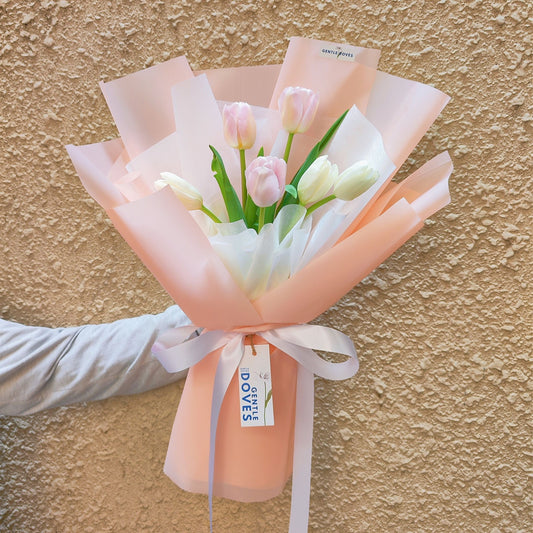 Six Soft Pink and White Tulips in Soft Pink Paper Bouquet