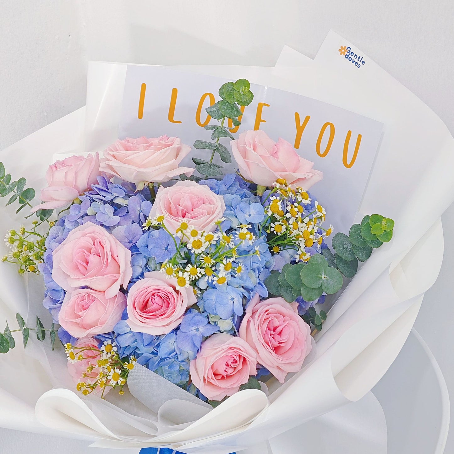 Blue Hydrangeas and Soft Pink English Roses 'I Love You' Large Bouquet