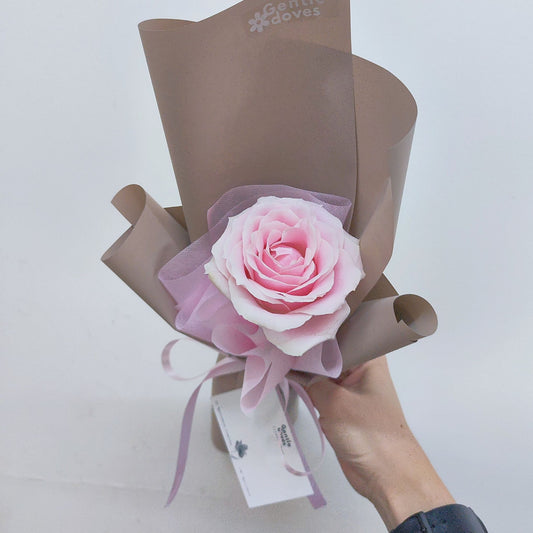 Single Pink Rose in Soft Brown Paper Bouquet