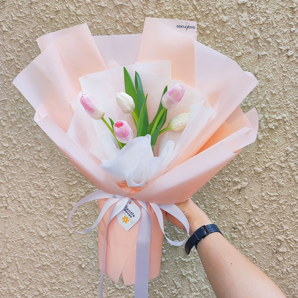 Five White and Soft Pink Tulips in Soft Pink Paper Bouquet