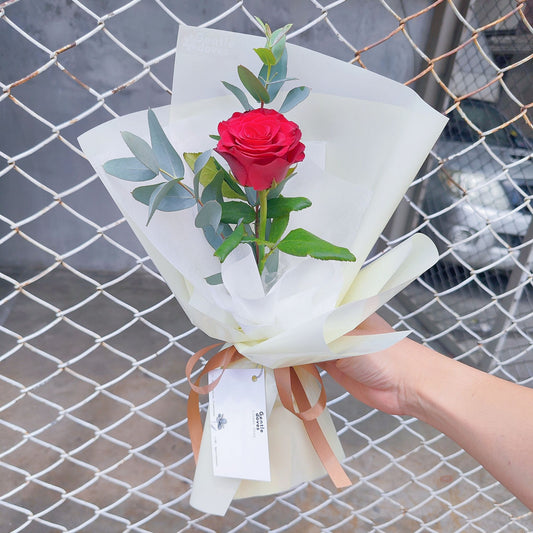 Single Imported Red Rose with Eucalyptus Bouquet