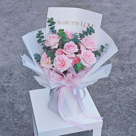 Twelve Sof Pink English Roses with Eucalpytus "You are my Love" Bouquet