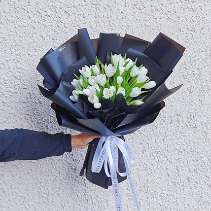 Thirty White Tulips in Black Paper Bouquet